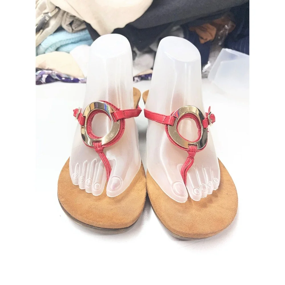 Vionic Orchid Red Leather Wedge Sandals Gold Ring Thong Slingback Women 9